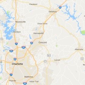 Map of Charlotte, Concord, and Mooresville, North Carolina.