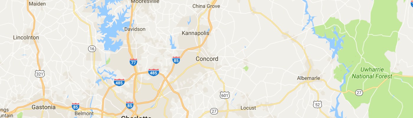 Map of Charlotte, Concord, and Mooresville, North Carolina.